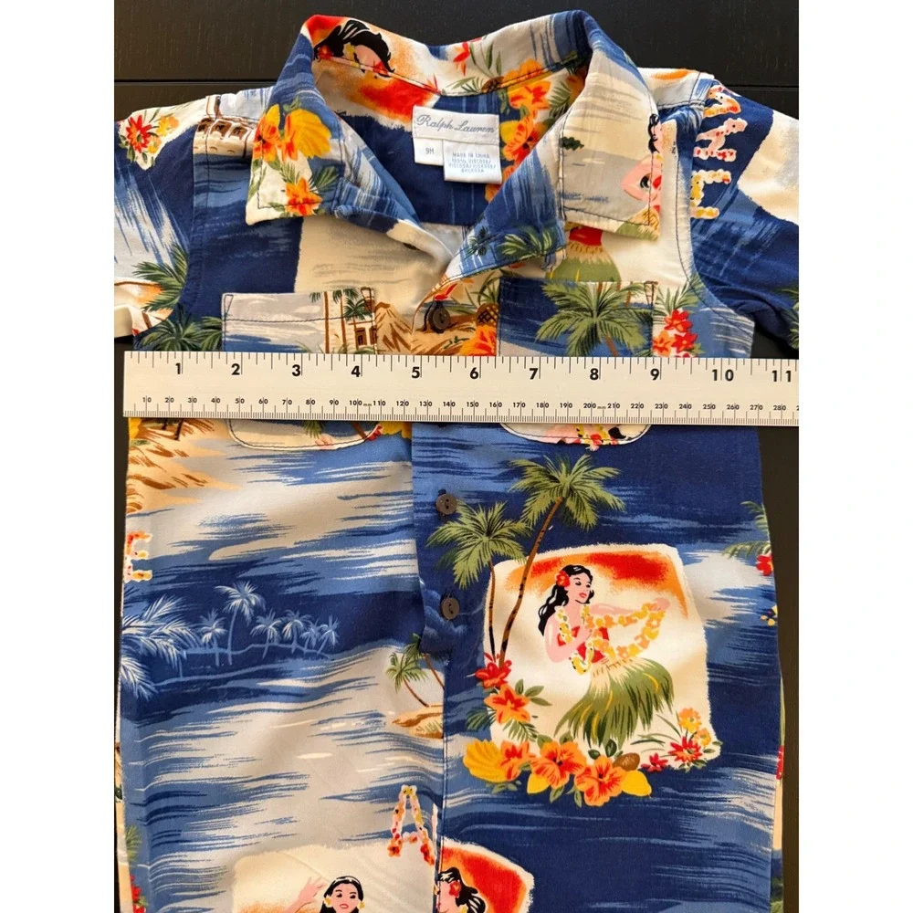 Ralph Lauren Baby Aloha Hawaiian Romper‎ Size 9 Months Blue Loop Collar Infant